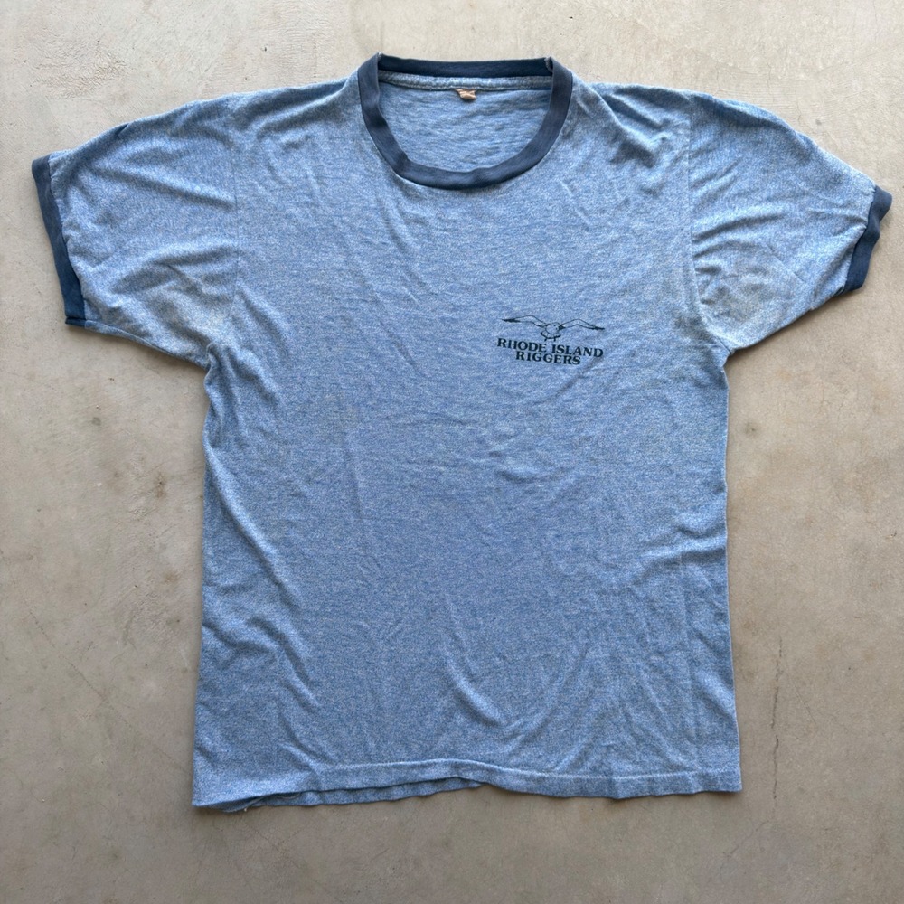 Vintage Rhode Island Riggers Ringer T-Shirt Heather Blue Ocean State Rigging XL
